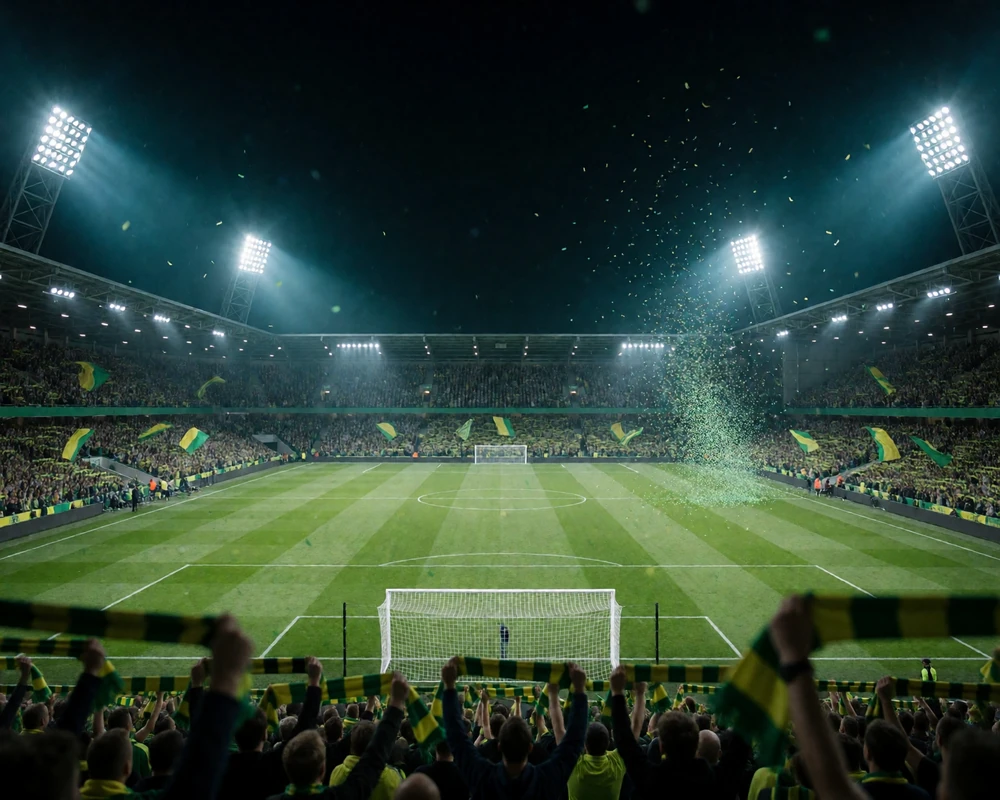 Volles Flutlichtstadion kurz vor dem Anpfiff mit Tornetz im Vordergrund - Matchday-Kulisse f&uuml;r Sportwetten online bei Zoccer
