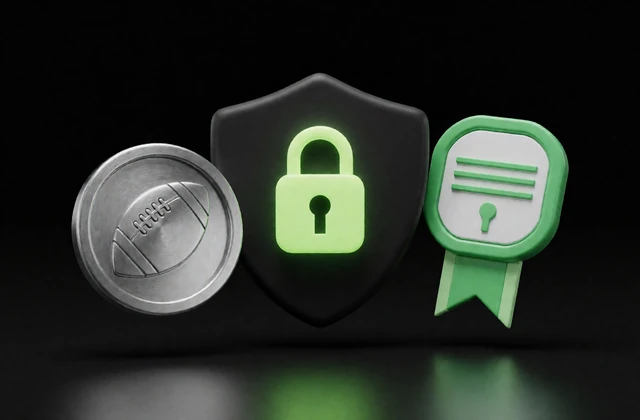 Schild mit Vorh&auml;ngeschloss, Fu&szlig;ball-Emblem und Siegel als Symbole f&uuml;r SSL-Sicherheit und Lizenz beim Online Casino