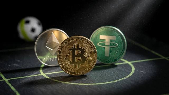 Bitcoin-, Ethereum- und Tether-M&uuml;nzen vor unscharfem Fu&szlig;ball im Flutlichtstrahl als Bild f&uuml;r die Krypto-Bonusspur bei Zoccer