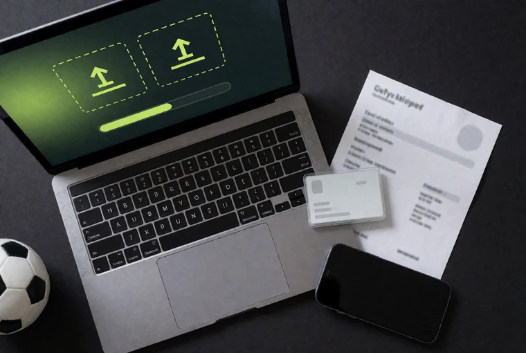 Dokumenten-Upload am Laptop mit Ausweis und Adressnachweis f&uuml;r die KYC-Verifizierung im Online Casino