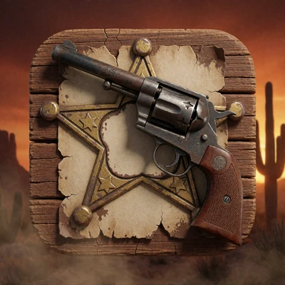Revolver und Sheriffstern auf rissigem Holz als Titelmotiv des Hacksaw-Slots Wanted Dead or a Wild mit 96,38 Prozent RTP