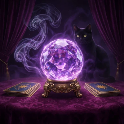 Leuchtende Kristallkugel mit Tarotkarten als Motiv des Megaways-Slots Madame Destiny mit 96,56 Prozent RTP