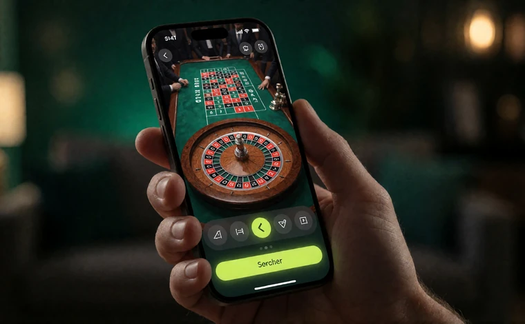 Hand h&auml;lt ein Smartphone im Hochformat mit laufendem Live-Roulette-Stream und zeigt die mobile Bedienung im Live Casino