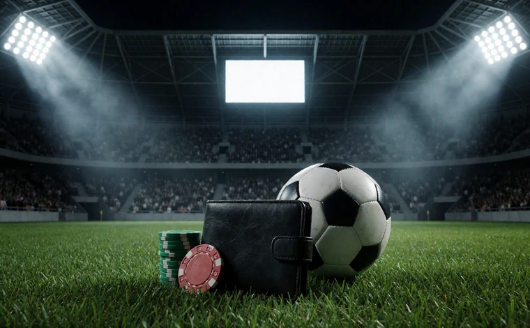 Fu&szlig;ball und Casinochips vor einer schwarzen Wallet auf dem Flutlichtrasen - Sinnbild f&uuml;r Sportwetten und Casino in einem Konto
