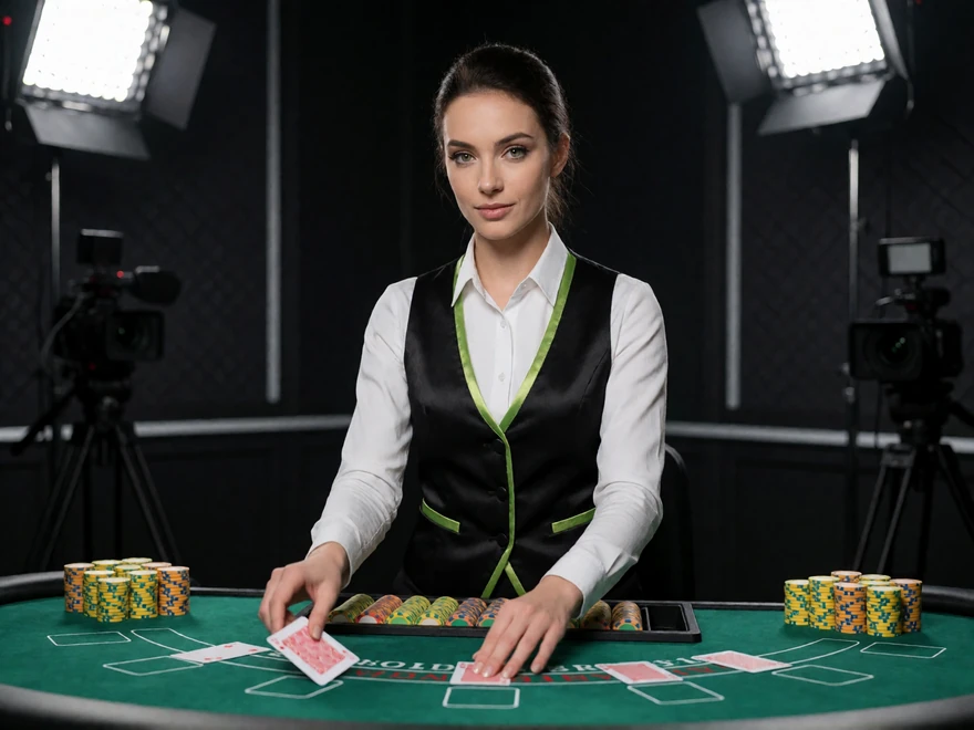 Live-Dealerin verteilt Karten an einem beleuchteten Studiotisch mit Chips und belegt das Echtzeit-Angebot im Live Casino von Zoccer