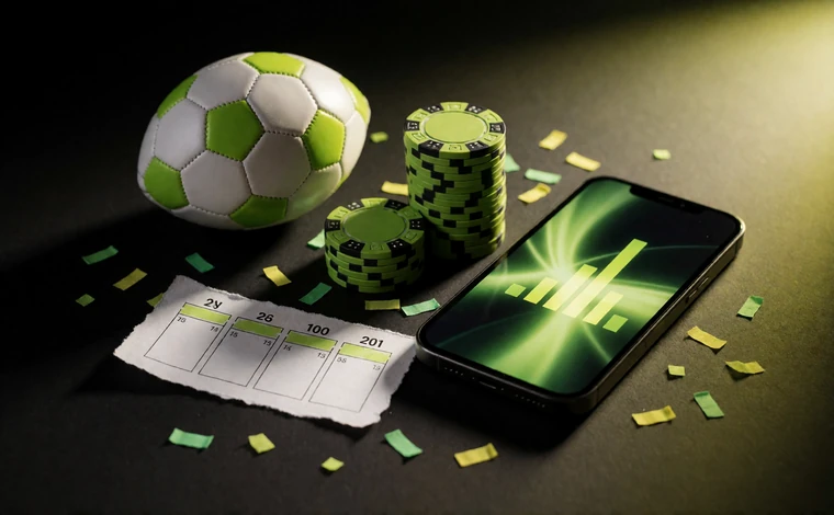 Fu&szlig;ball, Casinochips, Smartphone und Kalenderstreifen im Flutlicht - Sinnbild f&uuml;r Weekend-Reload und t&auml;gliches Cashback im Casino