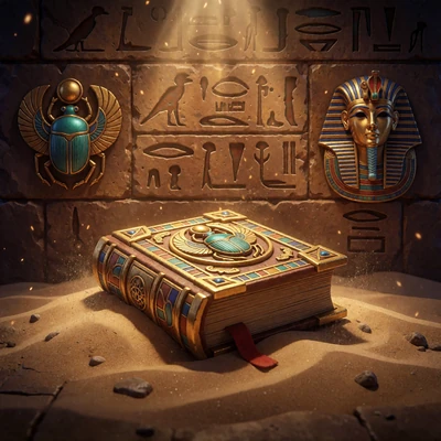 Goldenes aufgeschlagenes Buch vor Hieroglyphenwand als Motiv des Novomatic-Slots Book of Ra mit 96,21 Prozent RTP