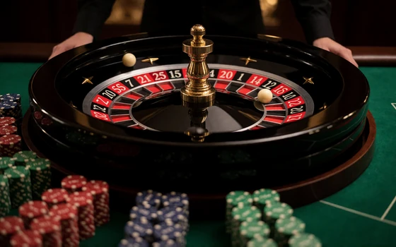 Live-Roulette-Rad mit Chips auf gr&uuml;nem Filz und Dealerh&auml;nden im Hintergrund als Beispiel f&uuml;r das Live Casino
