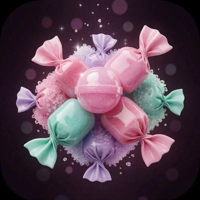 Bunte Bonbon-Cluster als Titelmotiv des Cluster-Pays-Slots Sugar Rush 1000 mit 96,53 Prozent RTP