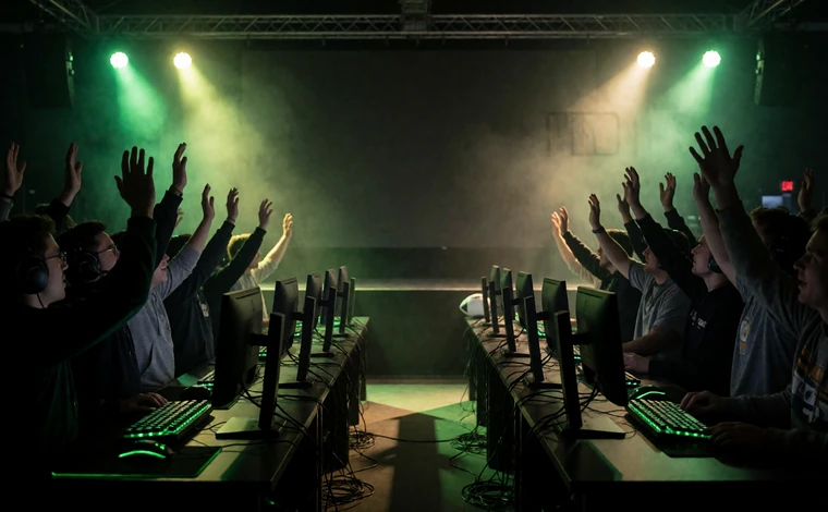 Dunkle eSports-Arena mit limettengr&uuml;n beleuchteten Gaming-Stationen und B&uuml;hnenscheinwerfern als Bild f&uuml;r eSports-Wetten bei Zoccer